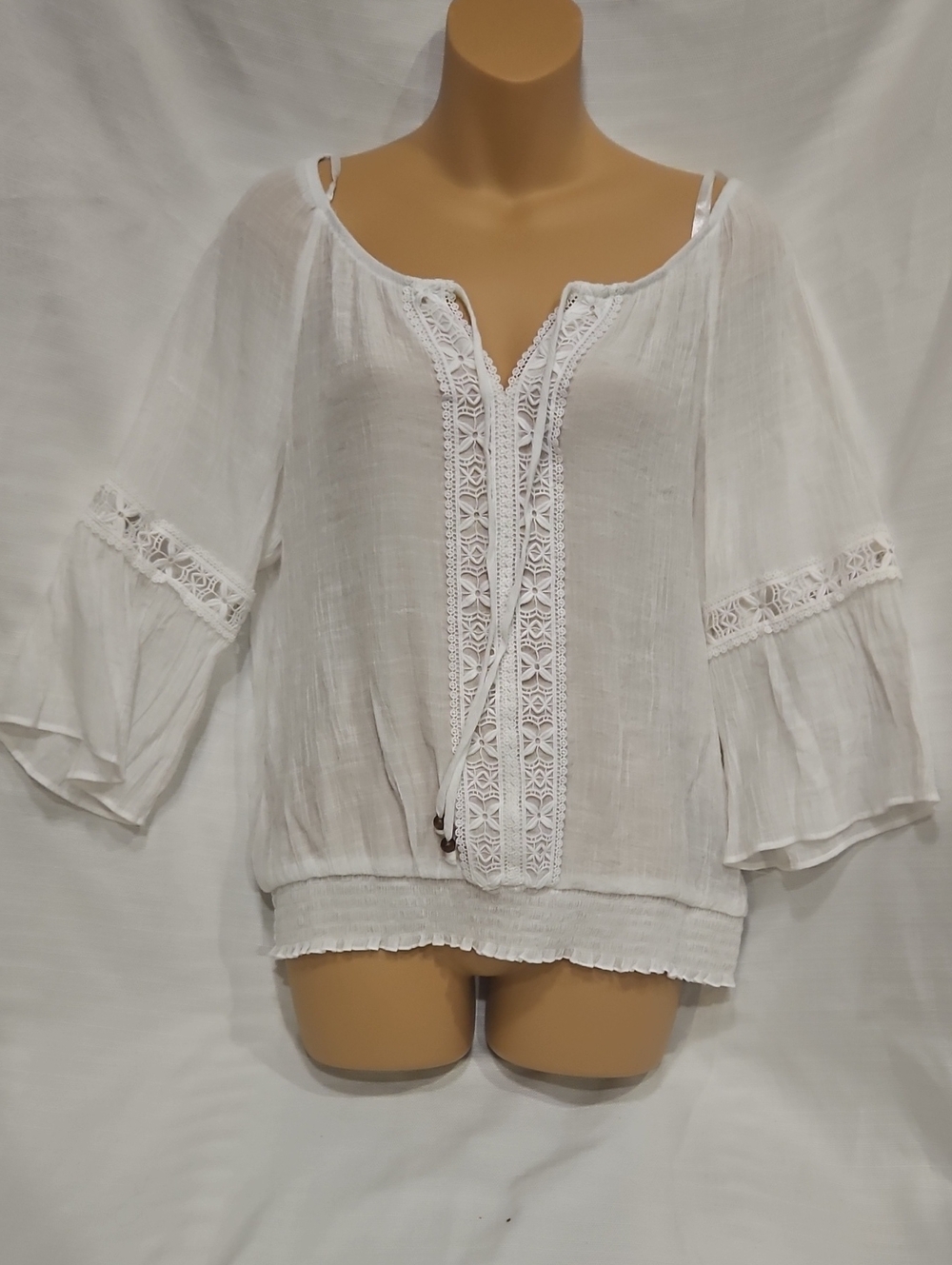 White Boho Lace-Trim Peasant Top - Women